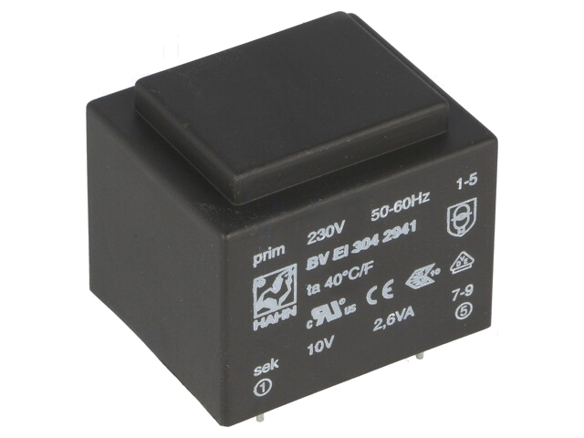 Transformator: ingegoten; 2,6VA; 230VAC; 10V; 260mA; PCB; BVEI Transformator: ingegoten; 2,6VA; 230VAC; 10V; 260mA; PCB; BVEI